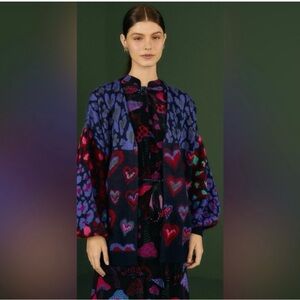 FARM RIO.  IKAT DYED HEARTS NAVY/MULTI CARDIGAN. SMALL